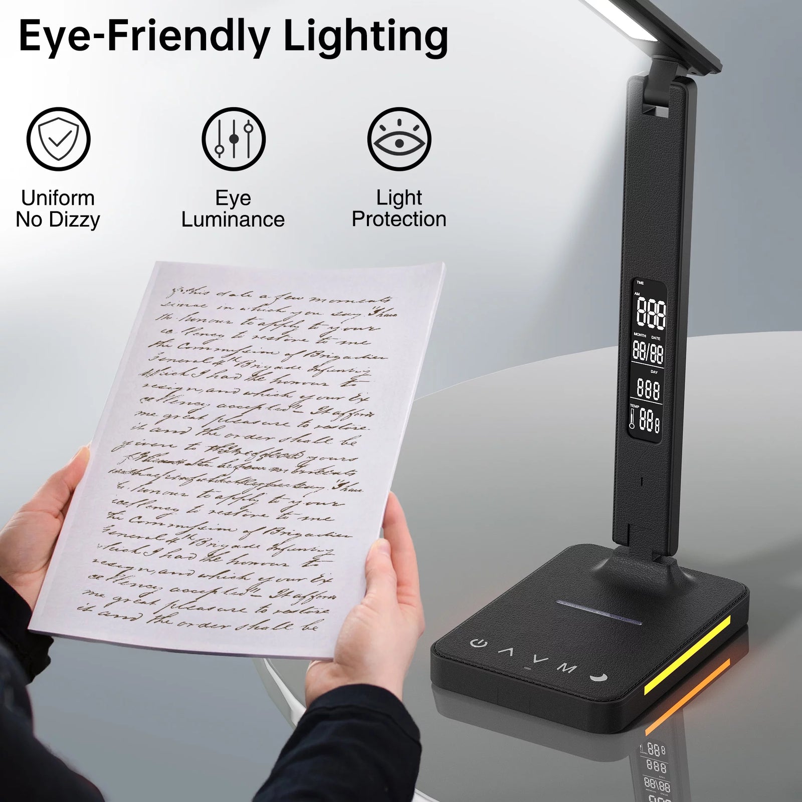 LED Desk Lamp with Wireless Charger, USB Charging Port, Night Light, Alarm, Date, Temperature, Dimmable Eye-Protecting Smart Lamp with Night Light for Study Reading Home