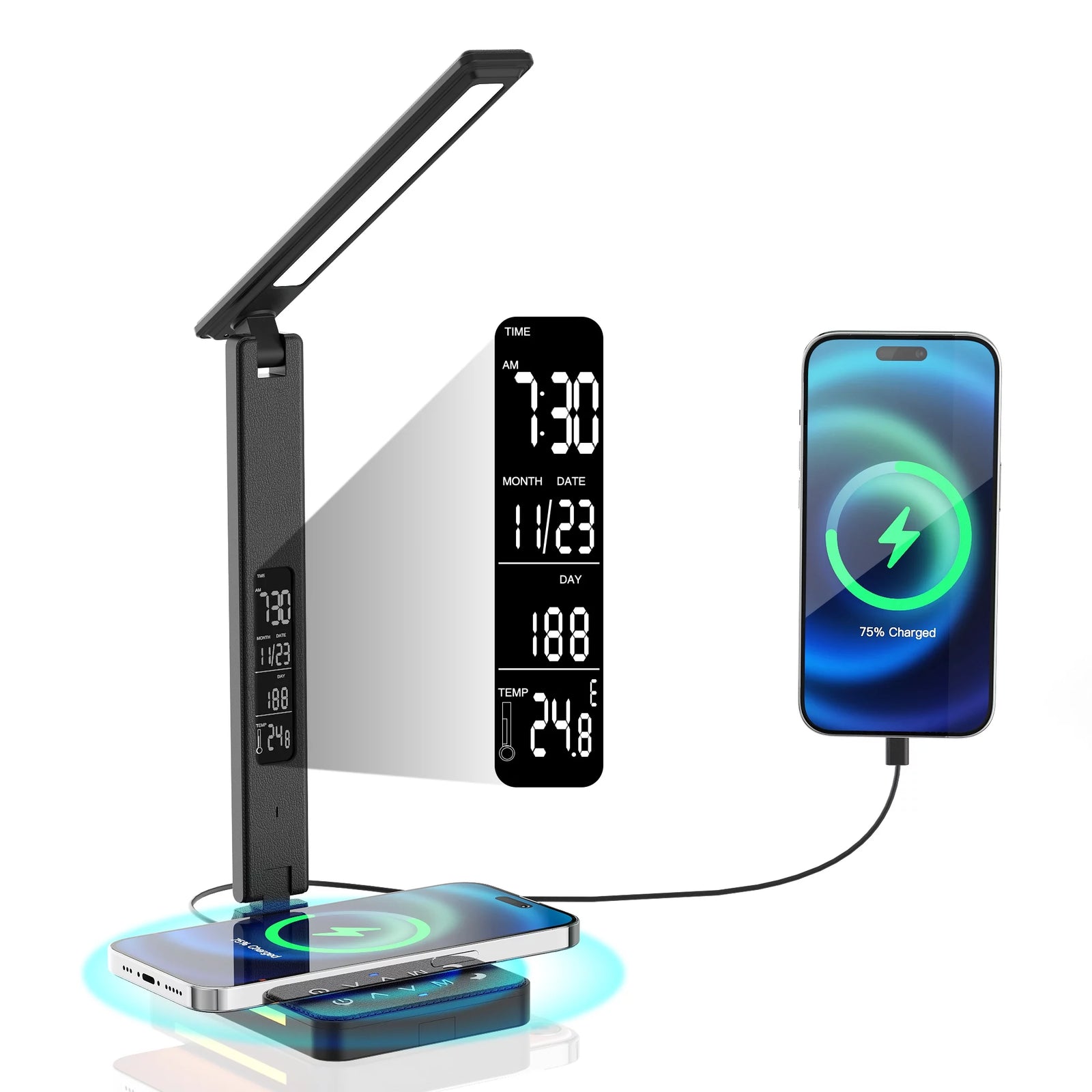 LED Desk Lamp with Wireless Charger, USB Charging Port, Night Light, Alarm, Date, Temperature, Dimmable Eye-Protecting Smart Lamp with Night Light for Study Reading Home