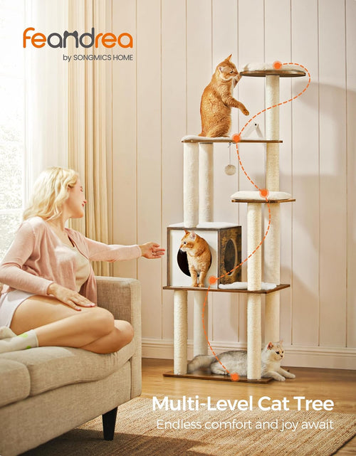 Load image into Gallery viewer, Woodywonders Cat Tree, 65-Inch Modern Cat Tower for Indoor Cats, Multi-Level Cat Condo with 5 Scratching Posts, Perch, Washable Removable Cushions, Cat Furniture, Rustic Brown UPCT166X01
