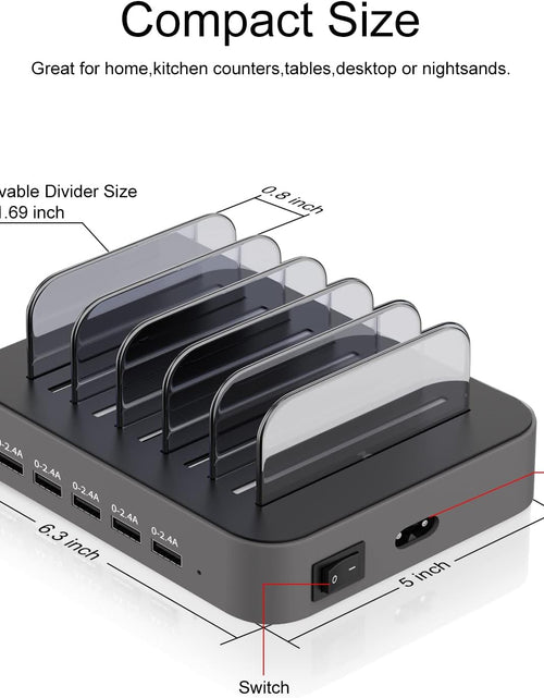 Load image into Gallery viewer, Charging Station for Multiple Devices,  5 Port Multi USB Charger Station with Power Switch Designed for Iphone Ipad Cell Phone Tablets (Gray, 7 Mixed Short Cables Included)
