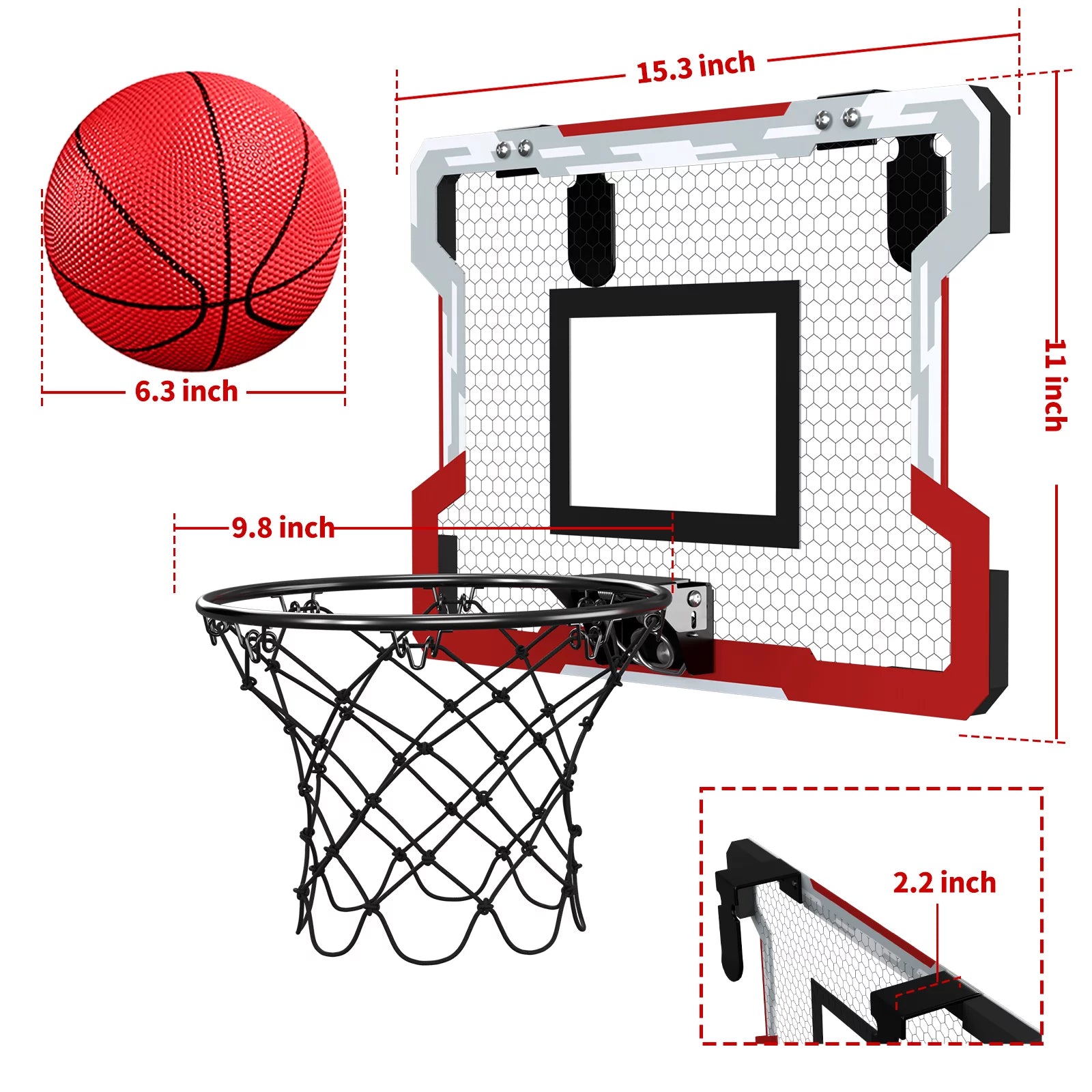 Mini Basketball Hoop for Door, Basketball Hoop Indoor, Mini Hoop with 3 Balls/Inflator/Breakaway Rim, Basketball Toy Gifts for Kids and Adults, Suit for Bedroom/Office/Outdoor, White with Red