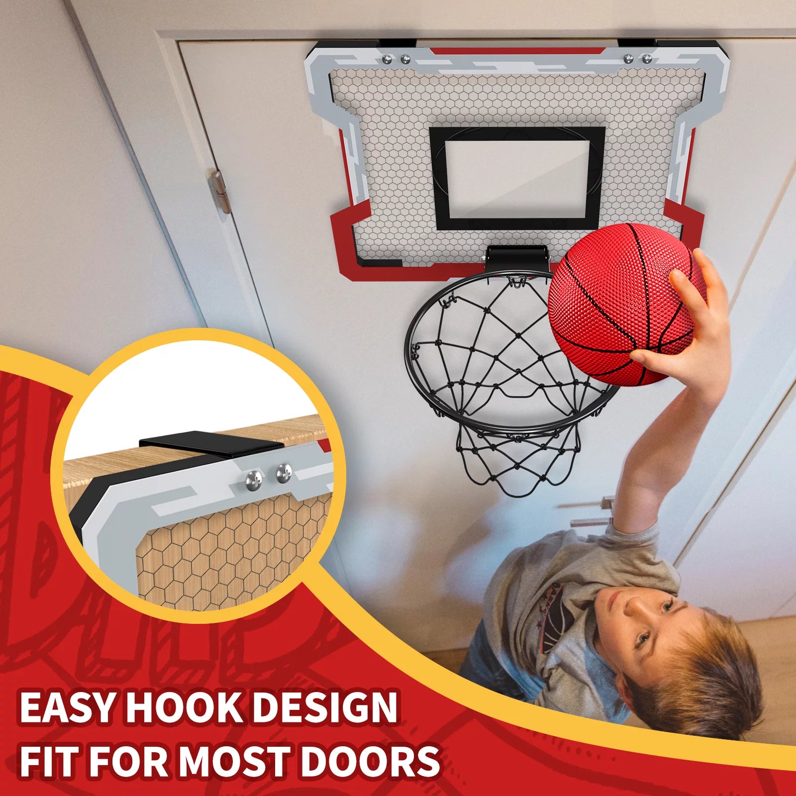 Mini Basketball Hoop for Door, Basketball Hoop Indoor, Mini Hoop with 3 Balls/Inflator/Breakaway Rim, Basketball Toy Gifts for Kids and Adults, Suit for Bedroom/Office/Outdoor, White with Red