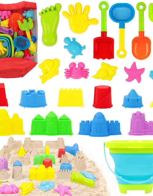 Load image into Gallery viewer, Sand Toys 35Pcs Beach Toys Sandbox Toys with Collapsible Sand Bucket&amp; Mesh Beach Toy Bag, 4 Sand Tools, 18 Sand Molds, Sand Castle Kit for Girls Kids Ages 3-12
