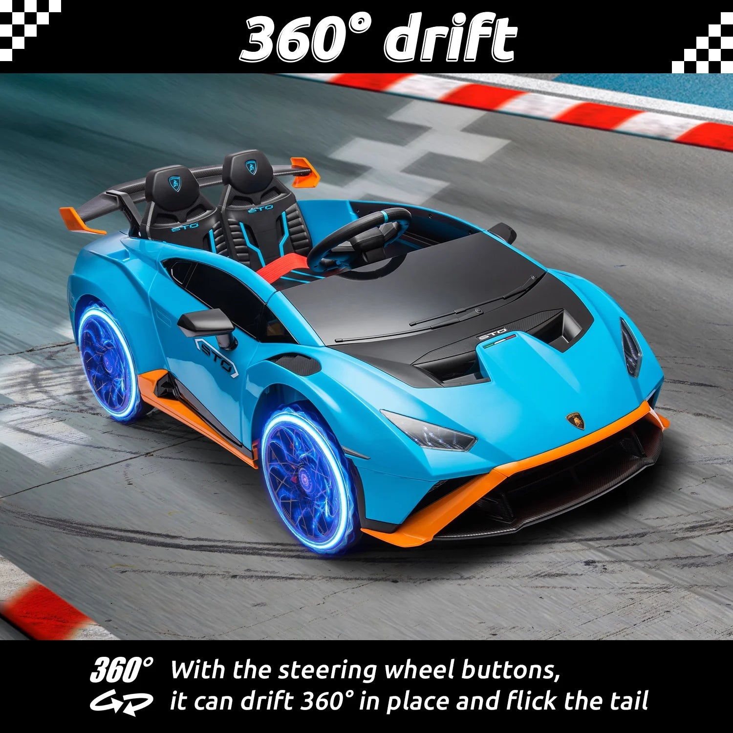 24V Kids Ride on Car, Licensed Lamborghini STO Electric Car for Boys Girls, 2-Seater Ride on Drift Car with Remote Control, Music, 360° Spin, Max Speed 6Mph, Blue