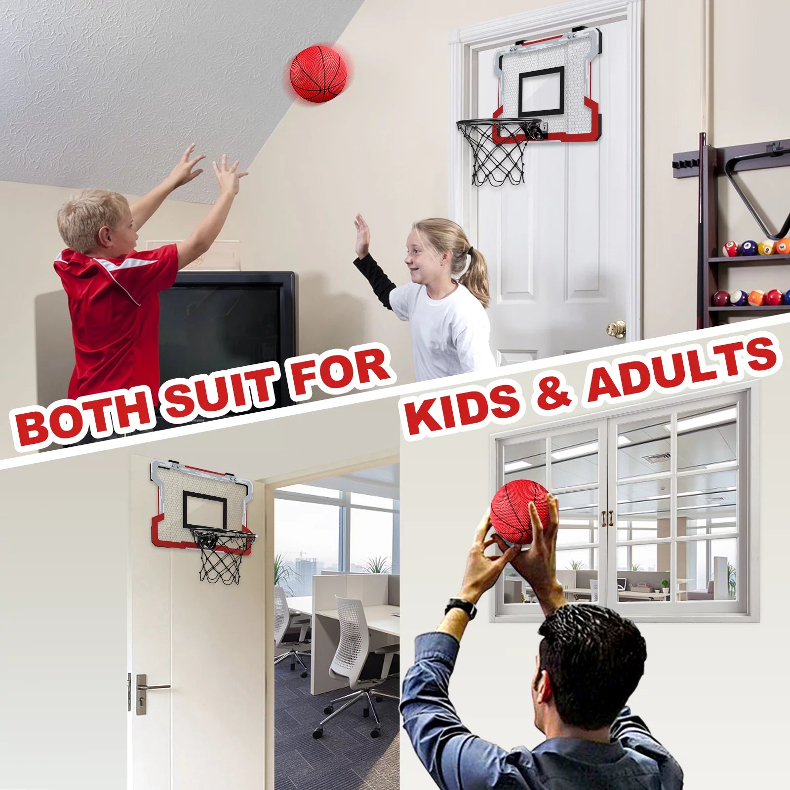 Mini Basketball Hoop for Door, Basketball Hoop Indoor, Mini Hoop with 3 Balls/Inflator/Breakaway Rim, Basketball Toy Gifts for Kids and Adults, Suit for Bedroom/Office/Outdoor, White with Red