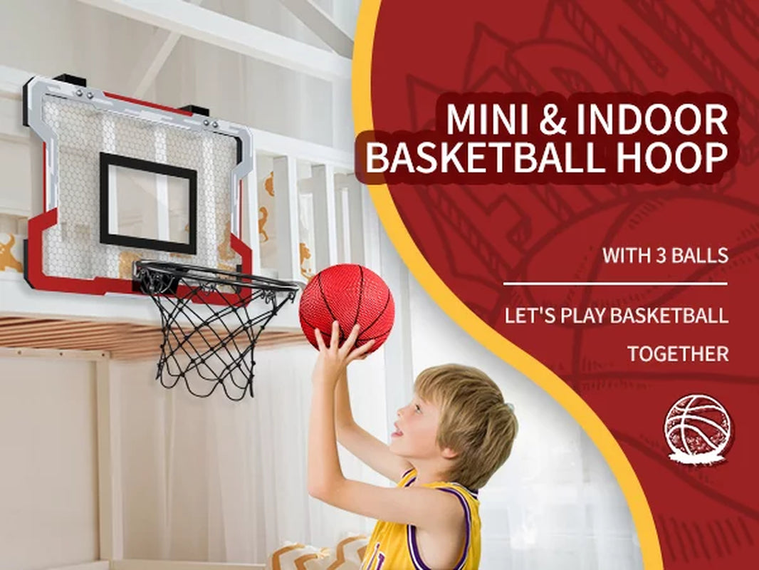 Mini Basketball Hoop for Door, Basketball Hoop Indoor, Mini Hoop with 3 Balls/Inflator/Breakaway Rim, Basketball Toy Gifts for Kids and Adults, Suit for Bedroom/Office/Outdoor, White with Red